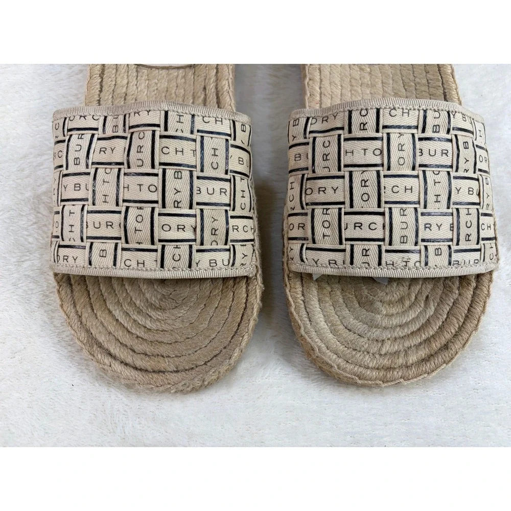 Tory Burch Beige Woven Ribbon Logo Espadrille Slide Sandals Womens 7 Excellent